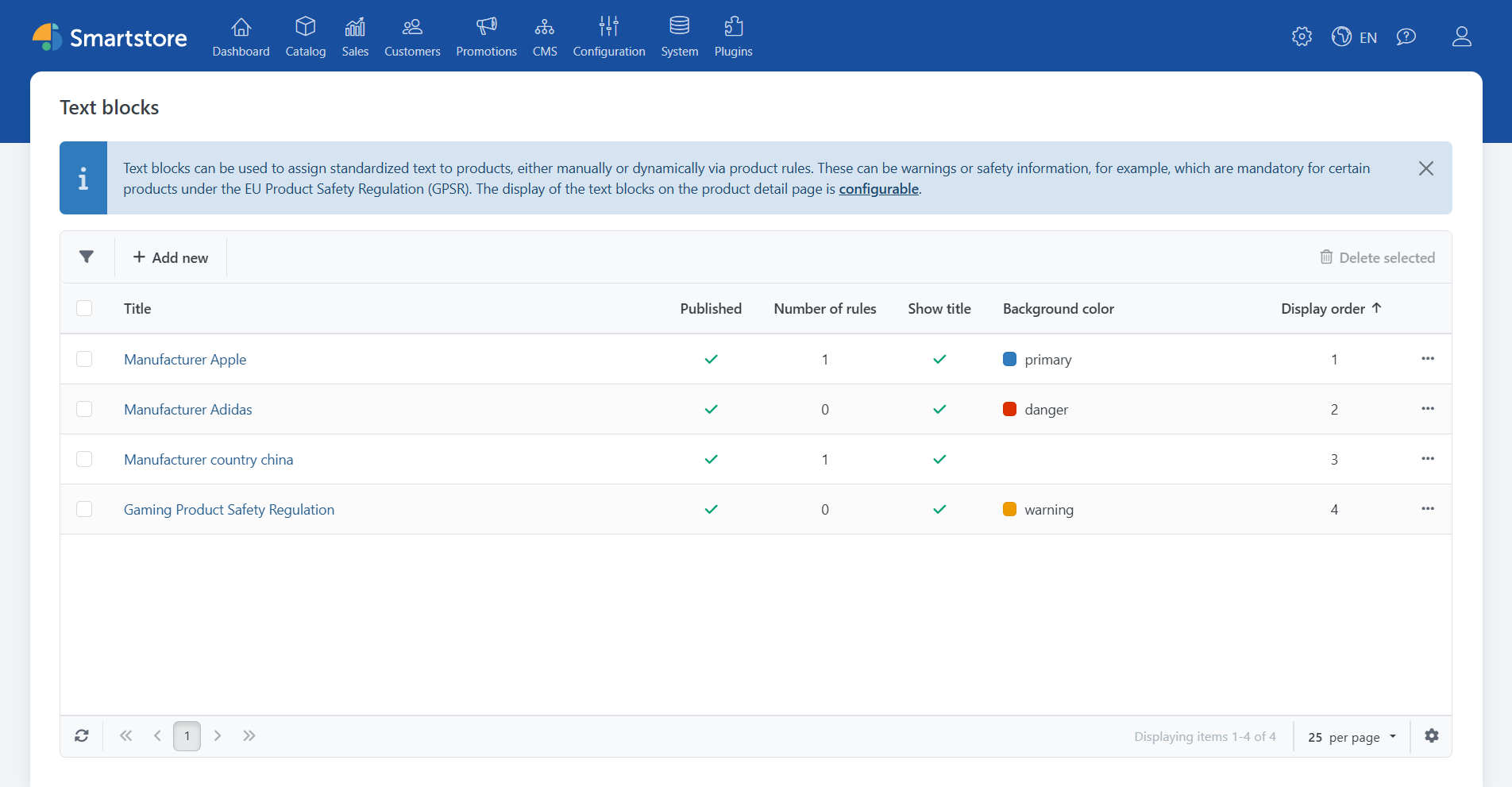 Text modules overview in the backend